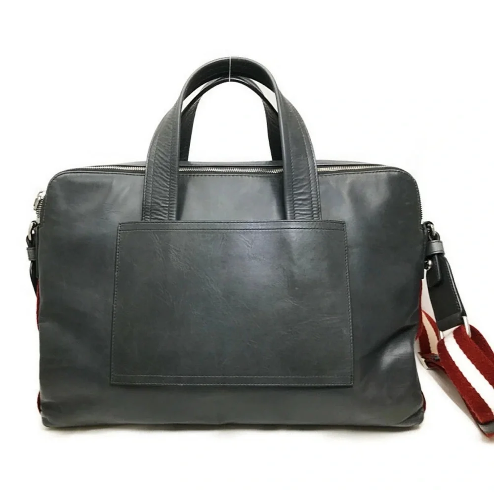 BALLY 2Way Business Bag Striped Gray Leather Silver Hardware
